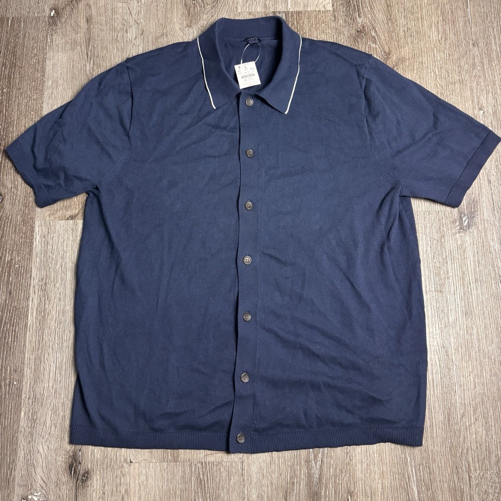 J Crew Factory Men's XL Navy Button Down Collar Sweater Polo Cotton BW363